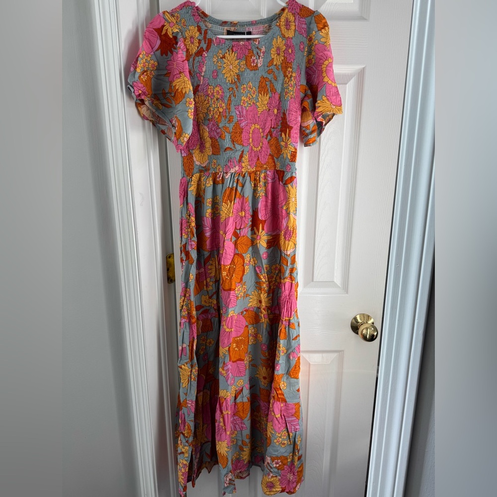 ZESICA Women's Floral Print Short Flutter Sleeve Smocked  Flowy Maxi Dress